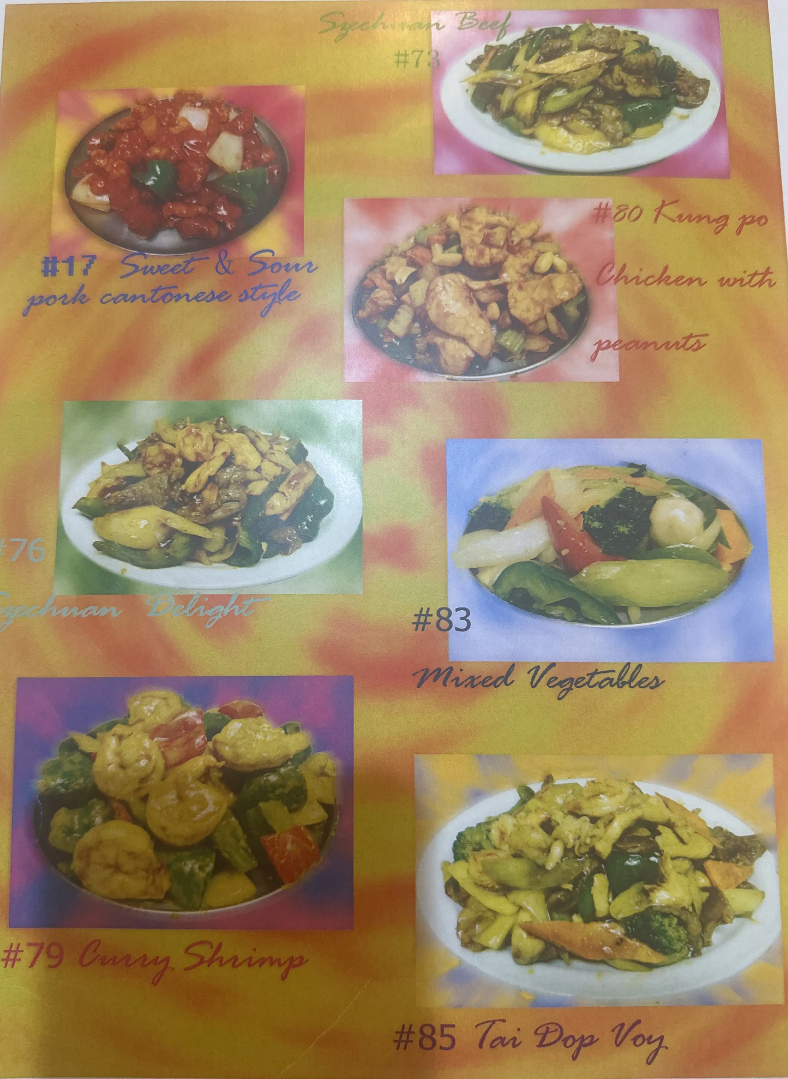 Menu page: Szechuan beef, kung po chicken & mixed vegetables
